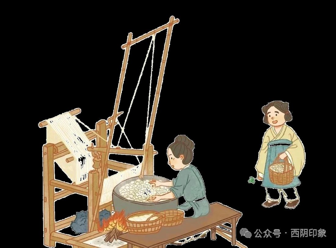 古代缫丝劳作插画